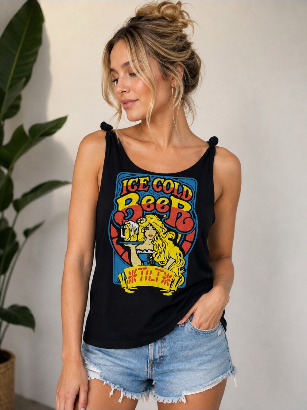 Black Tank Top with Colorful 'Ice Cold Beer' Graphic